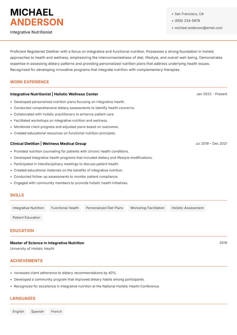 Registered Dietitian Resume Template