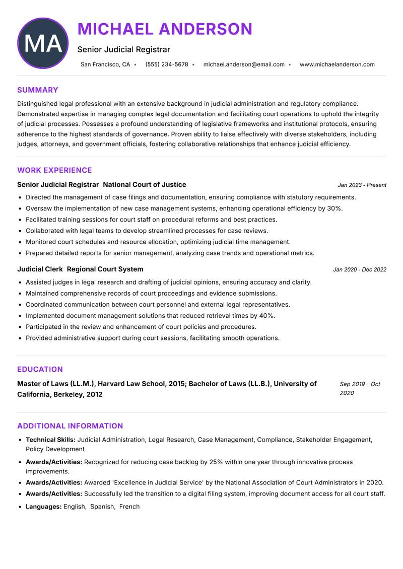 Registrar Judicial Resume Preview Example