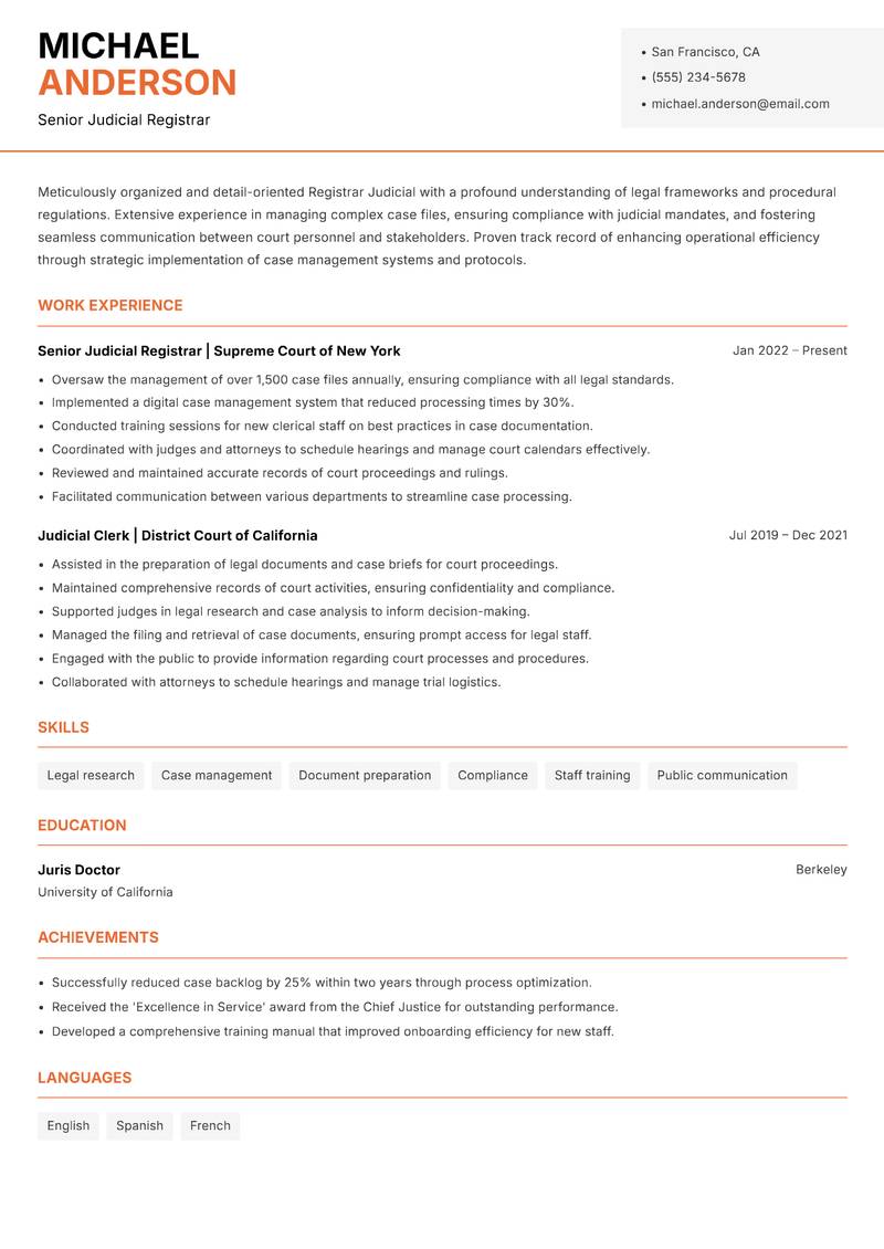 Registrar Judicial Resume Template
