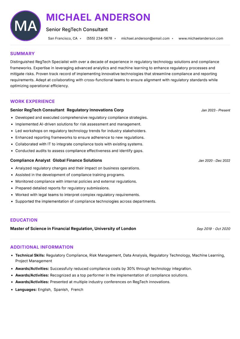 RegTech Specialist Resume Preview Example