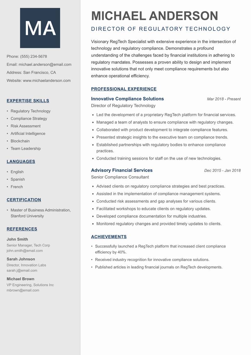 RegTech Specialist Resume Preview Example