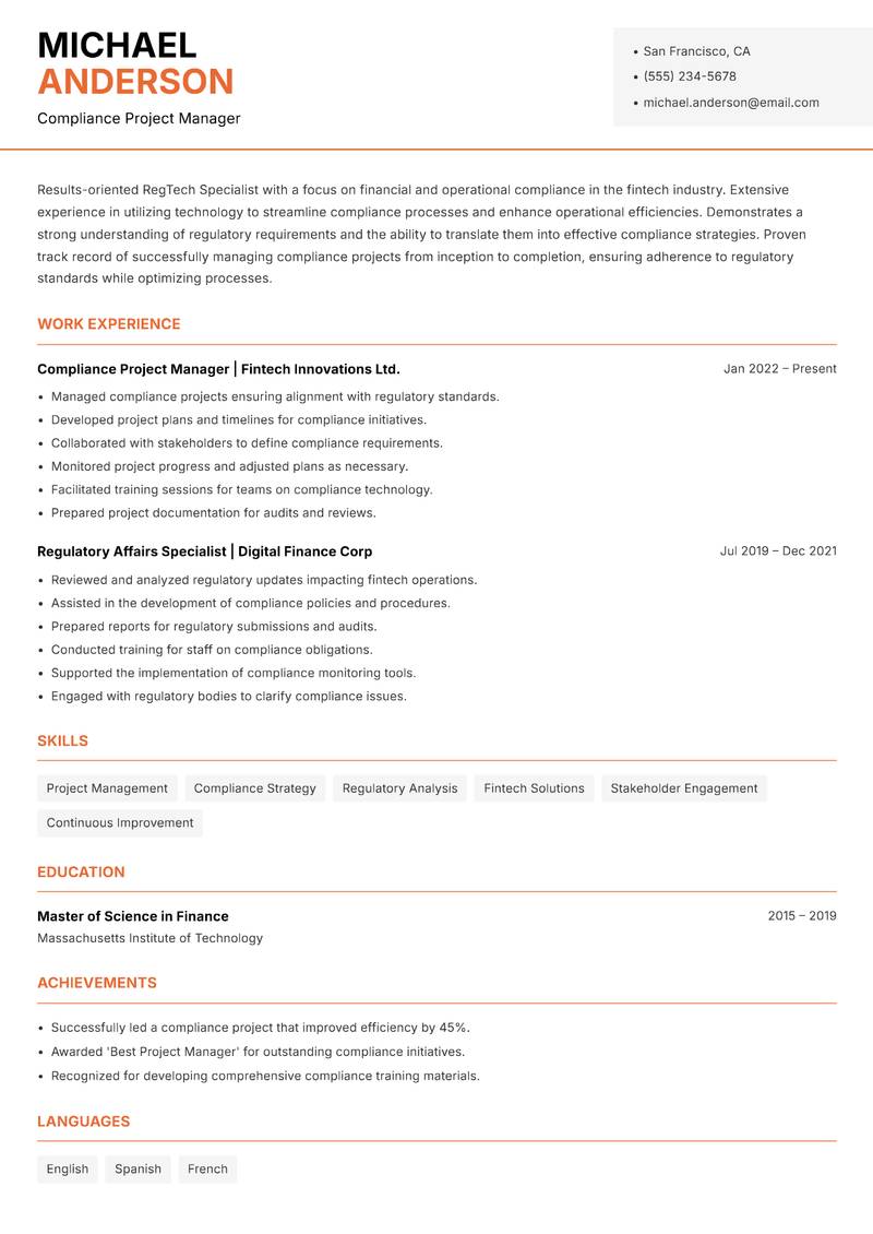 RegTech Specialist Resume Template