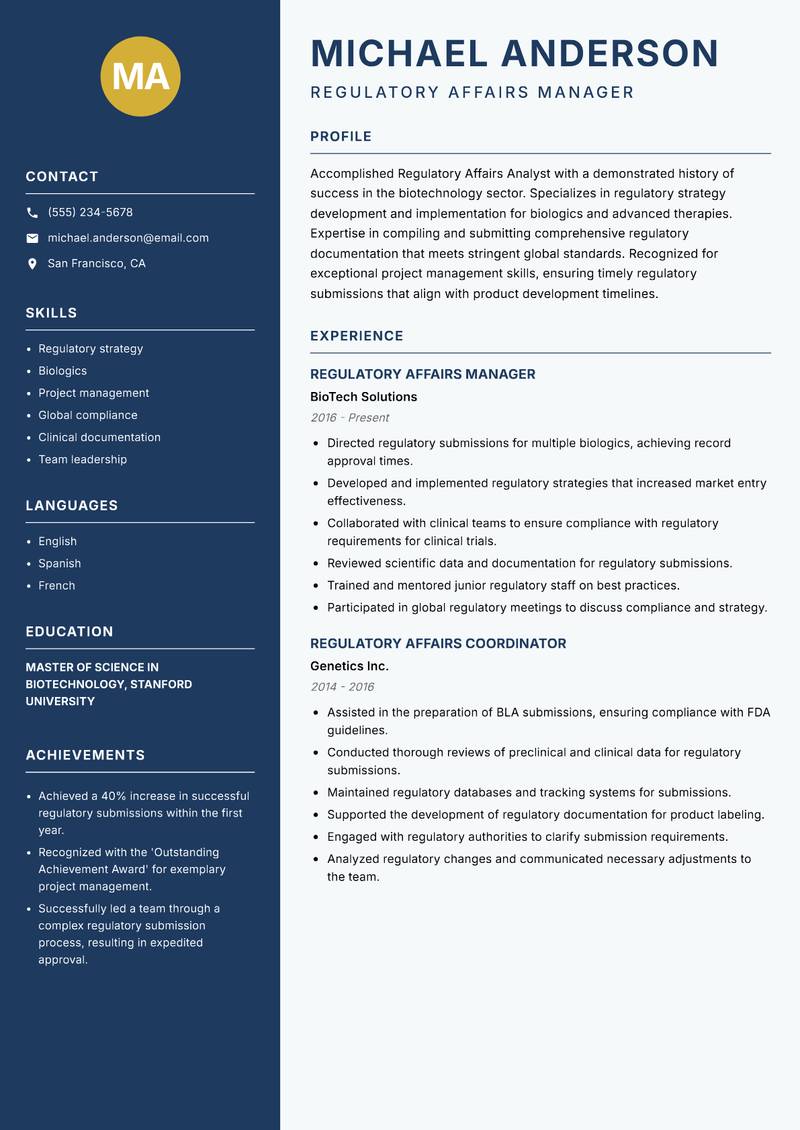 Regulatory Affairs Analyst Resume Preview Example