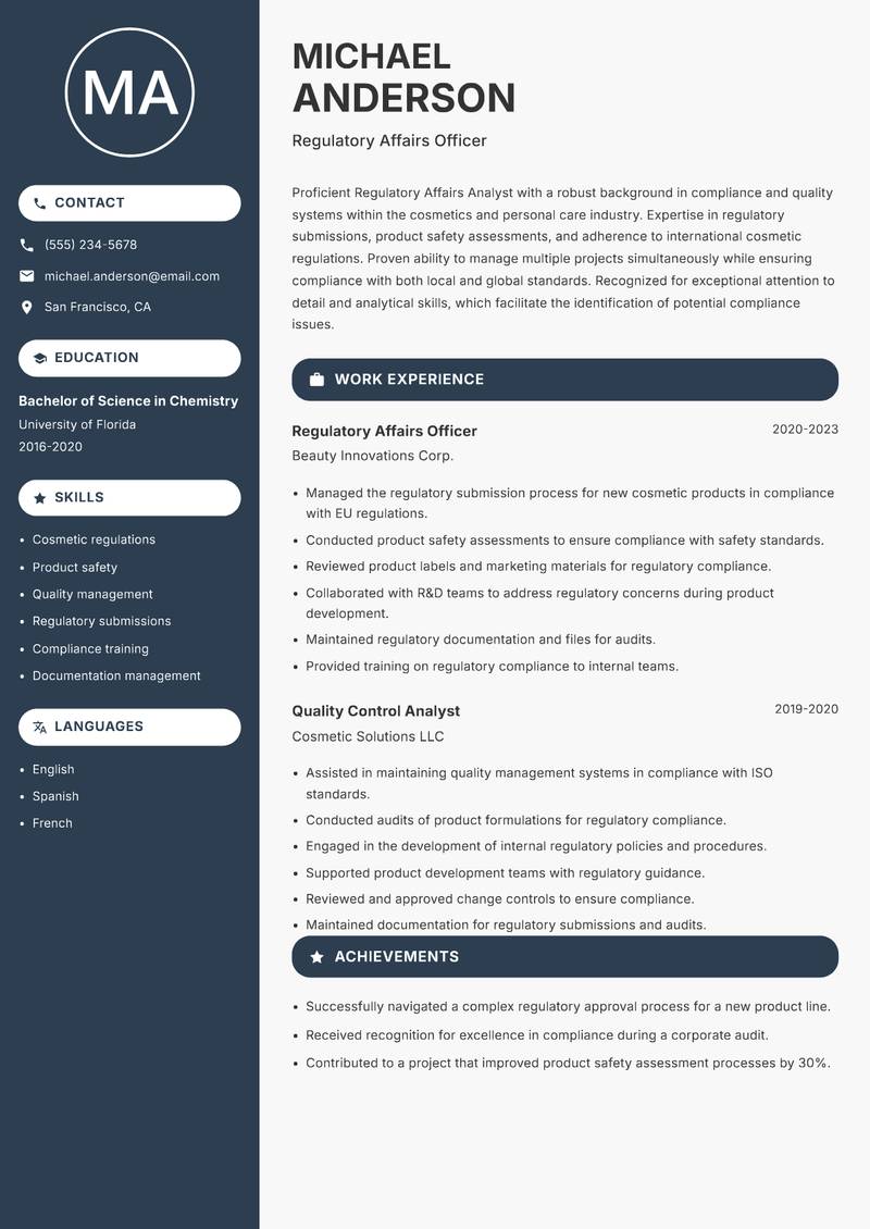 Regulatory Affairs Analyst Resume Preview Example