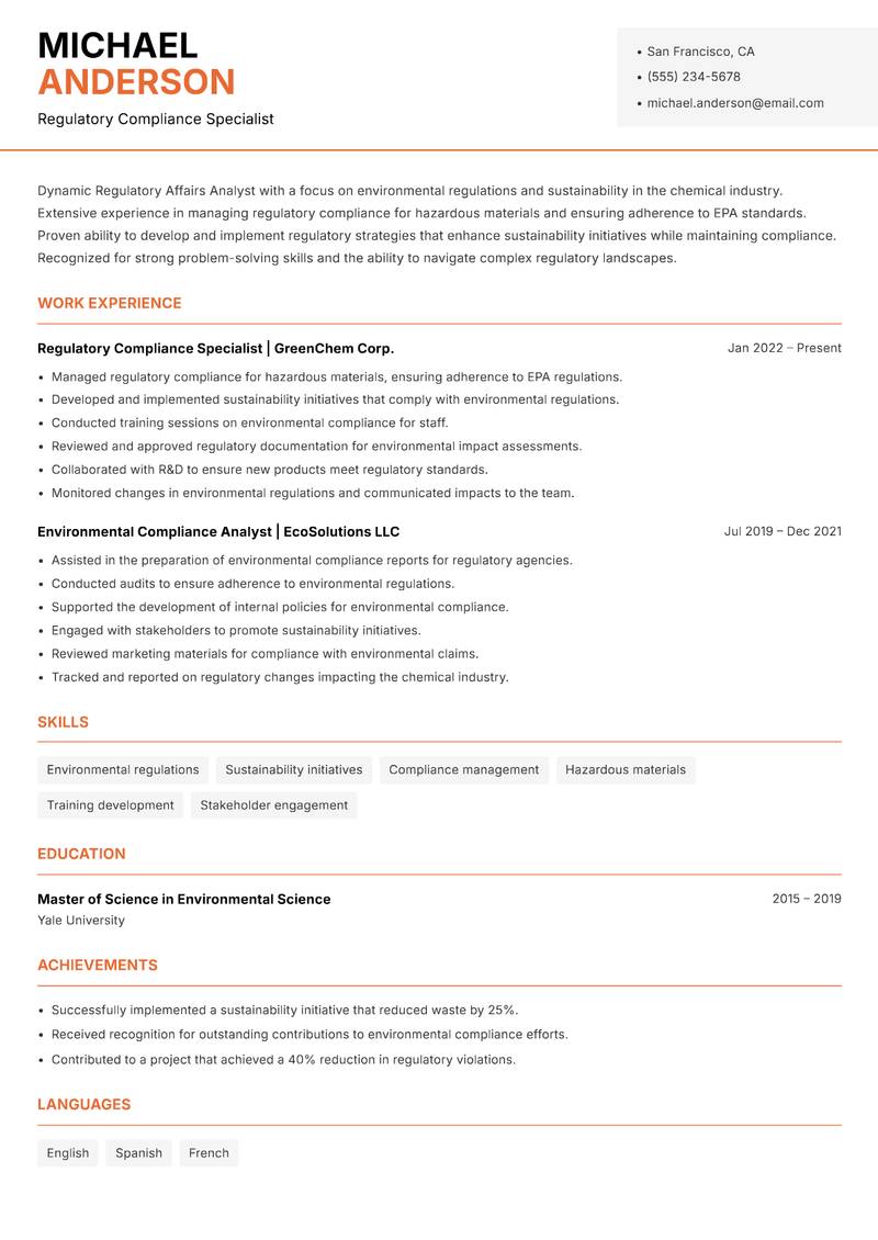 Regulatory Affairs Analyst Resume Template
