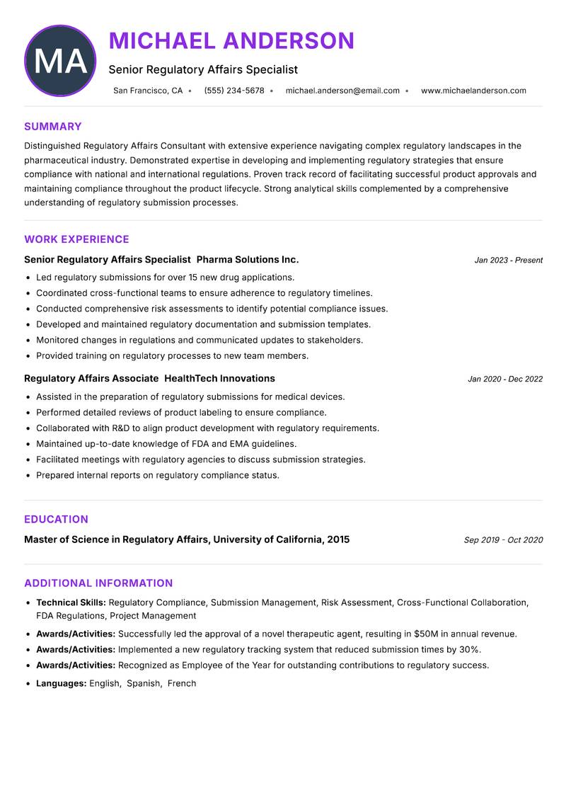 Regulatory Affairs Consultant Resume Preview Example