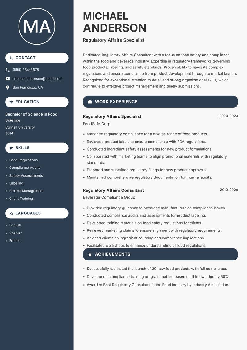 Regulatory Affairs Consultant Resume Preview Example