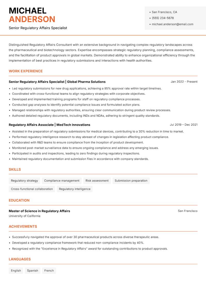 Regulatory Affairs Consultant Resume Template