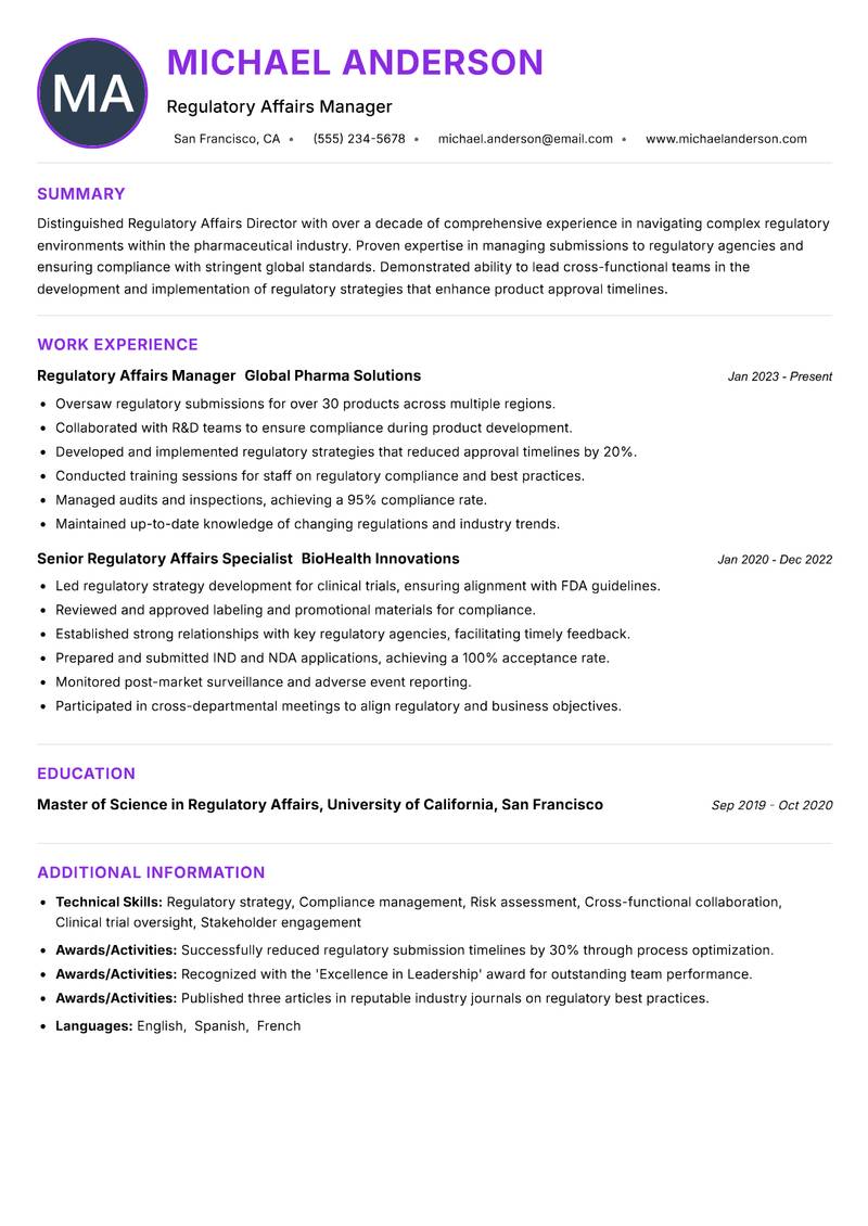 Regulatory Affairs Director Resume Preview Example