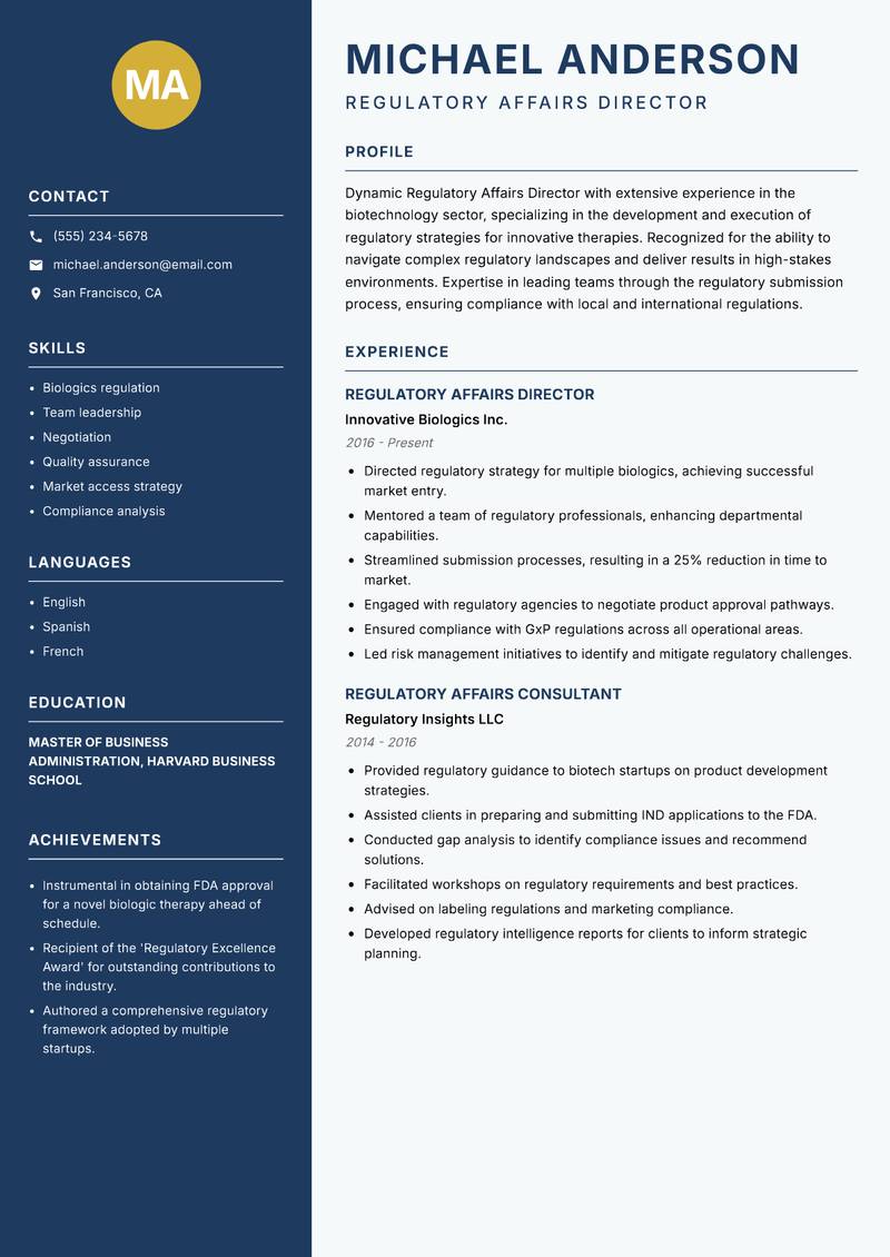 Regulatory Affairs Director Resume Preview Example