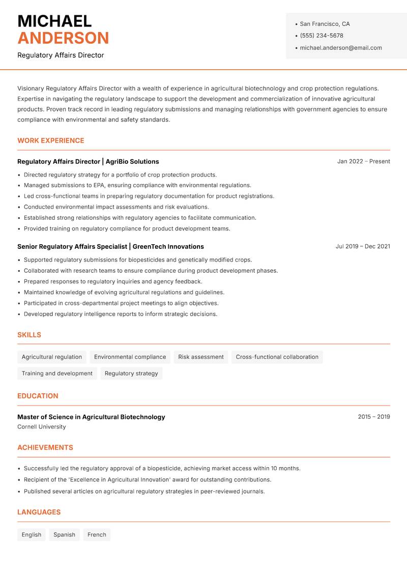 Regulatory Affairs Director Resume Template