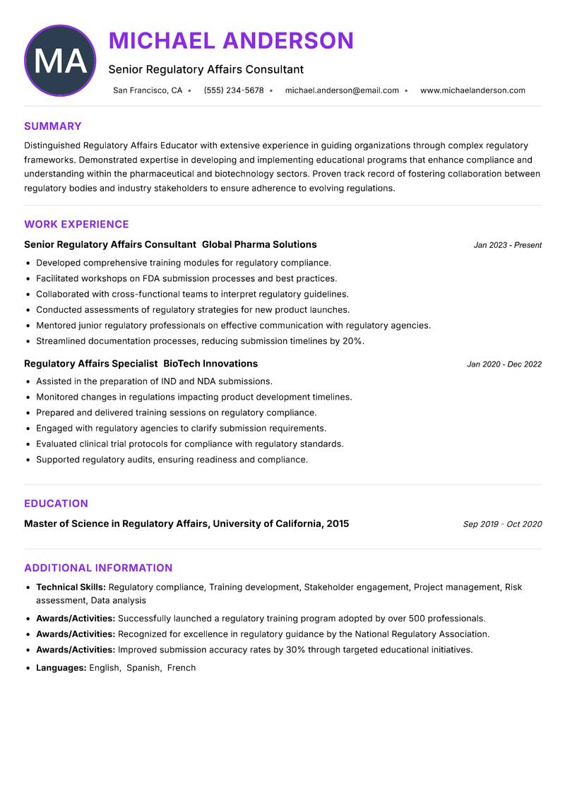 Regulatory Affairs Educator Resume Preview Example