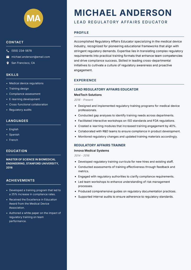 Regulatory Affairs Educator Resume Preview Example