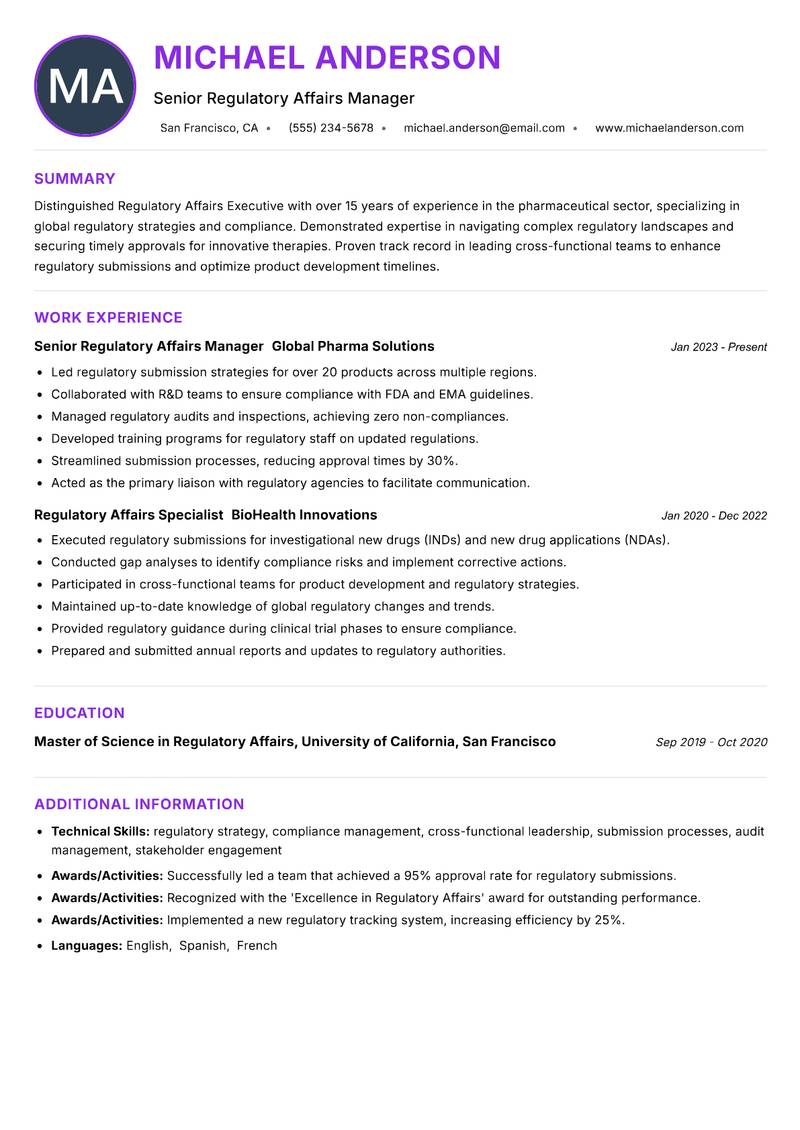Regulatory Affairs Executive Resume Preview Example