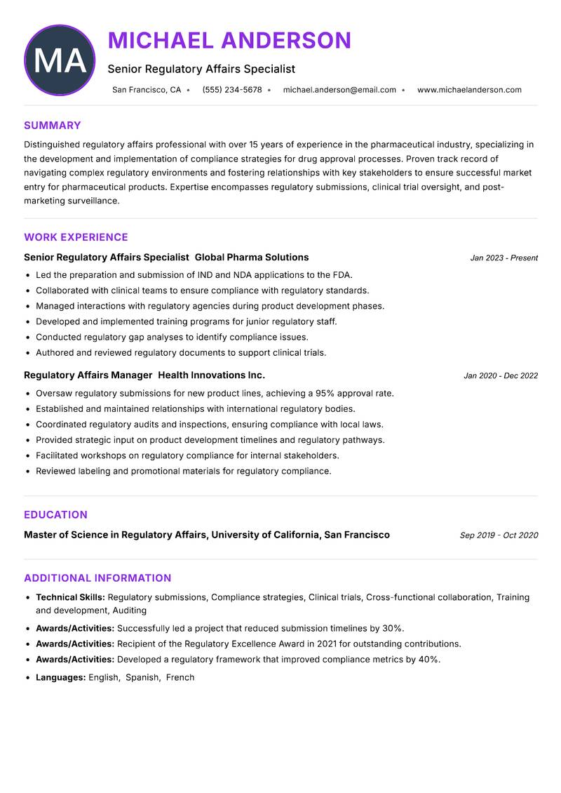 Regulatory Affairs Instructor Resume Preview Example