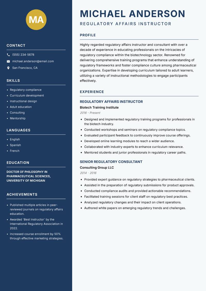 Regulatory Affairs Instructor Resume Preview Example