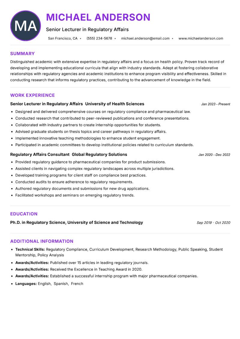 Regulatory Affairs Lecturer Resume Preview Example
