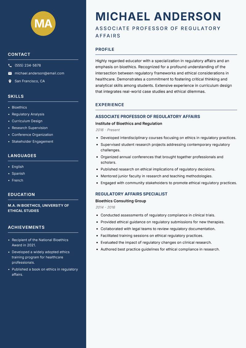 Regulatory Affairs Lecturer Resume Preview Example