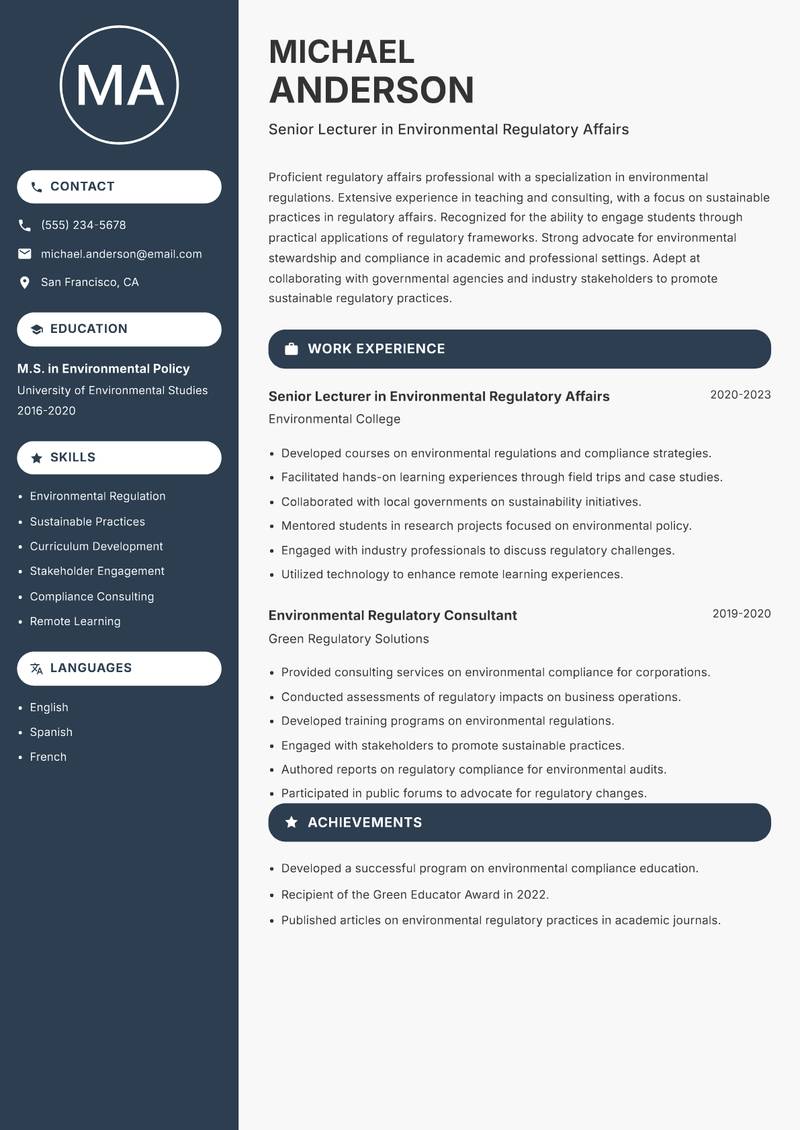 Regulatory Affairs Lecturer Resume Preview Example