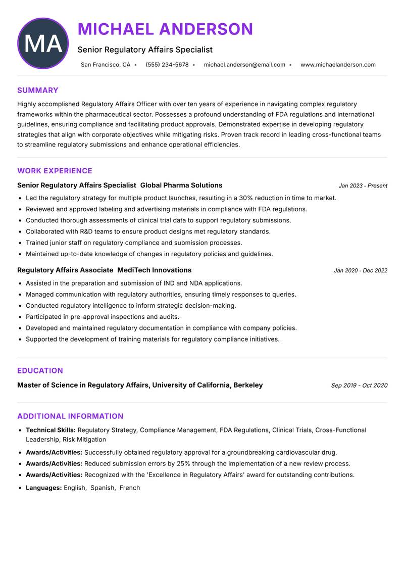 Regulatory Affairs Officer Resume Preview Example