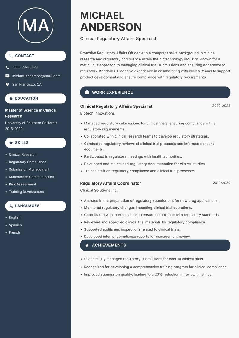 Regulatory Affairs Officer Resume Preview Example