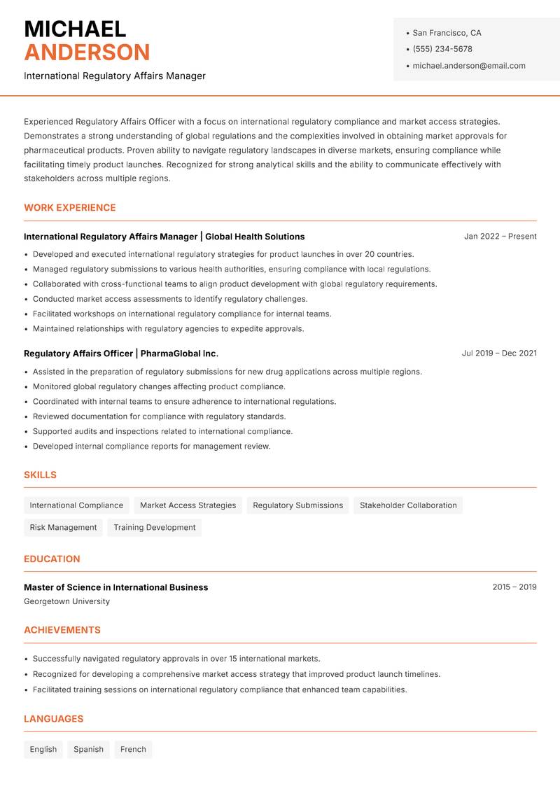 Regulatory Affairs Officer Resume Template