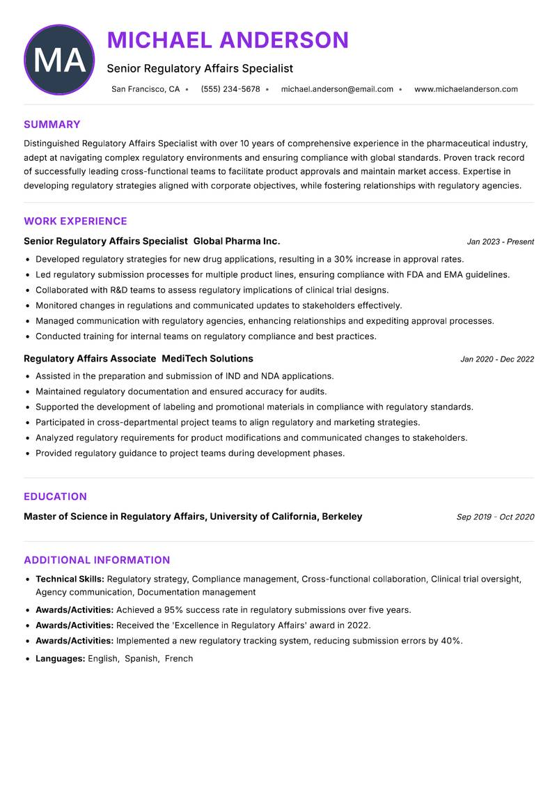 Regulatory Affairs Specialist Resume Preview Example