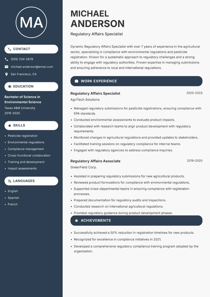 Regulatory Affairs Specialist Resume Preview Example