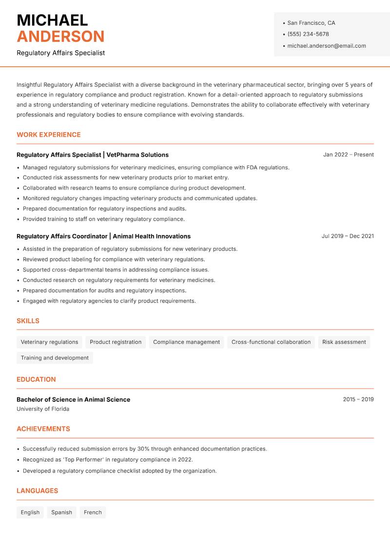 Regulatory Affairs Specialist Resume Template