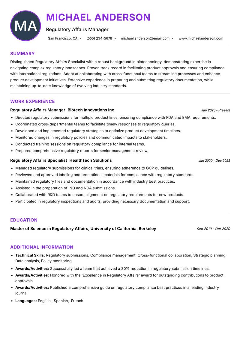Regulatory Affairs Specialist Biotechnology Resume Preview Example
