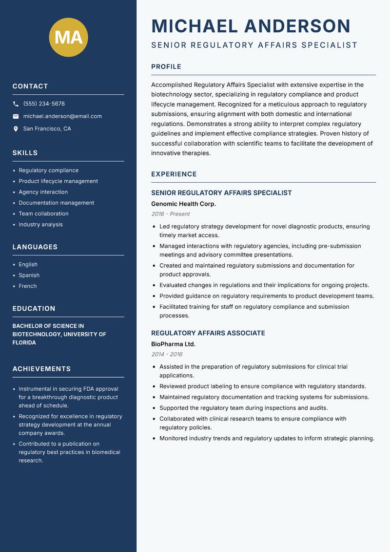 Regulatory Affairs Specialist Biotechnology Resume Preview Example