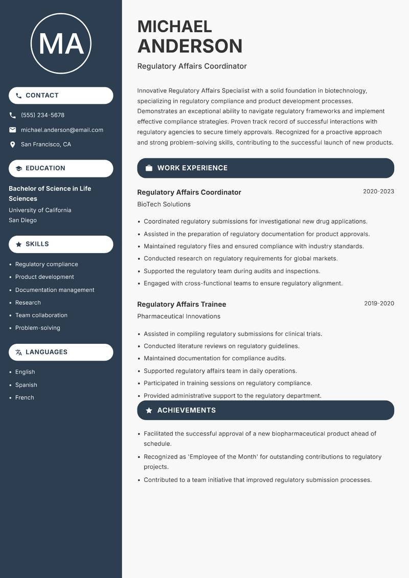 Regulatory Affairs Specialist Biotechnology Resume Preview Example