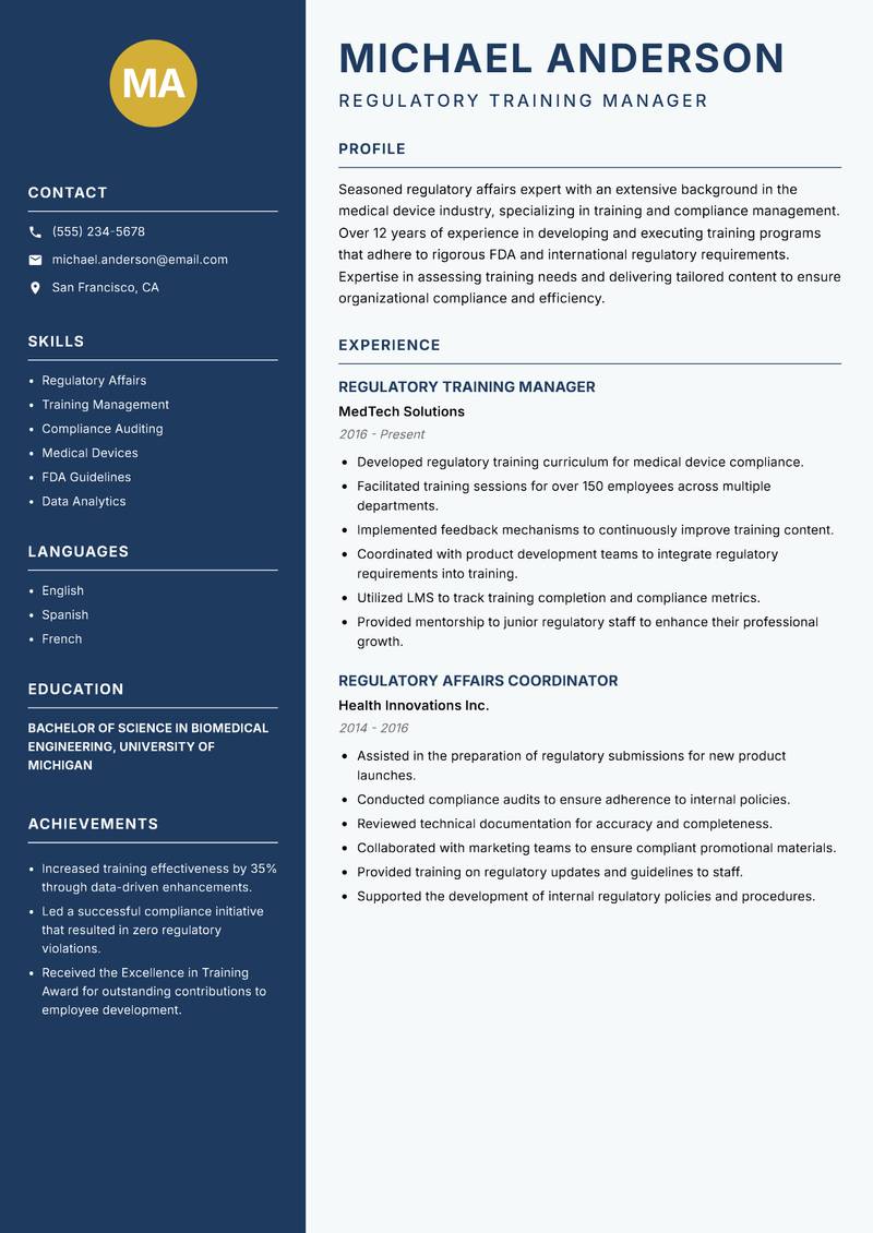 Regulatory Affairs Trainer Resume Preview Example