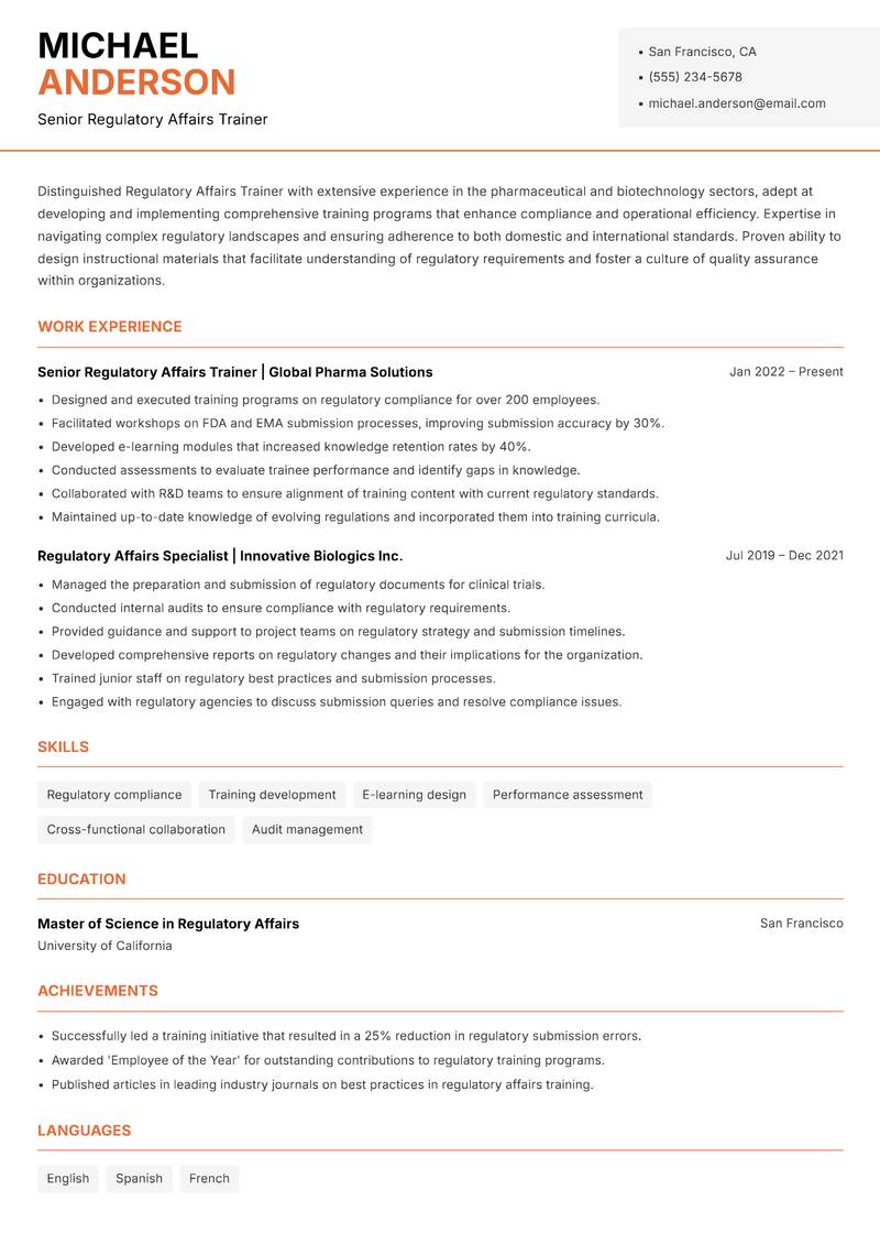 Regulatory Affairs Trainer Resume Template