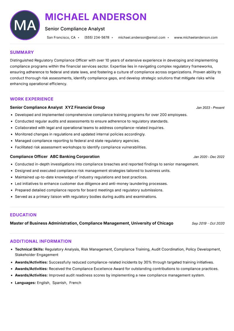 Regulatory Compliance Officer Resume Preview Example