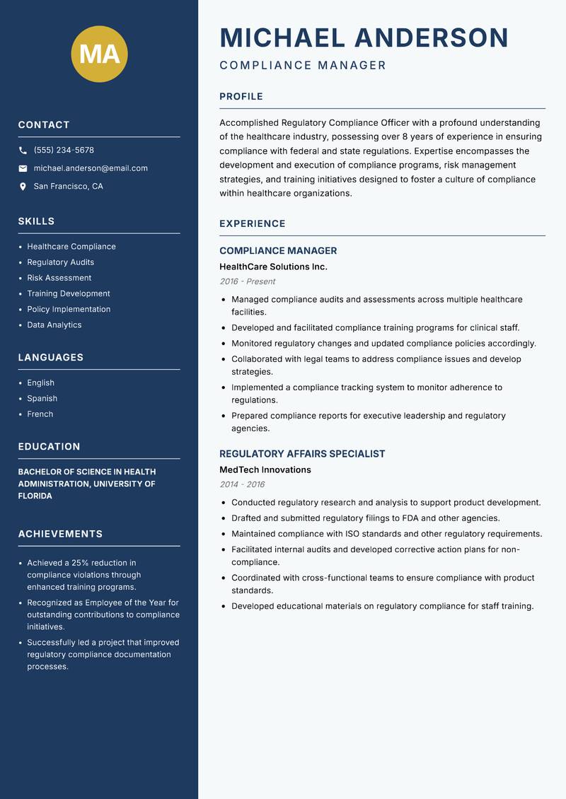 Regulatory Compliance Officer Resume Preview Example