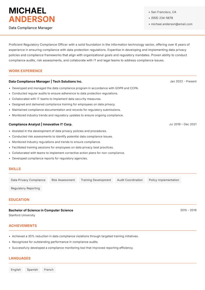 Regulatory Compliance Officer Resume Template