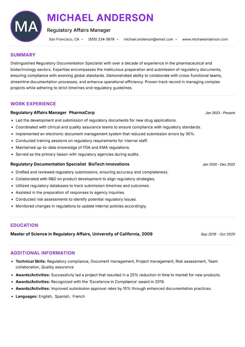 Regulatory Documentation Specialist Resume Preview Example