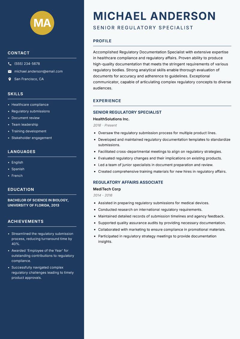 Regulatory Documentation Specialist Resume Preview Example