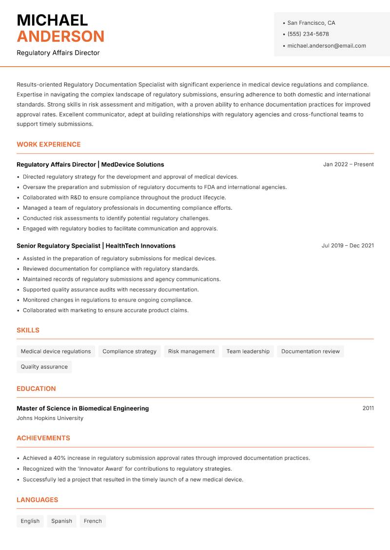Regulatory Documentation Specialist Resume Template