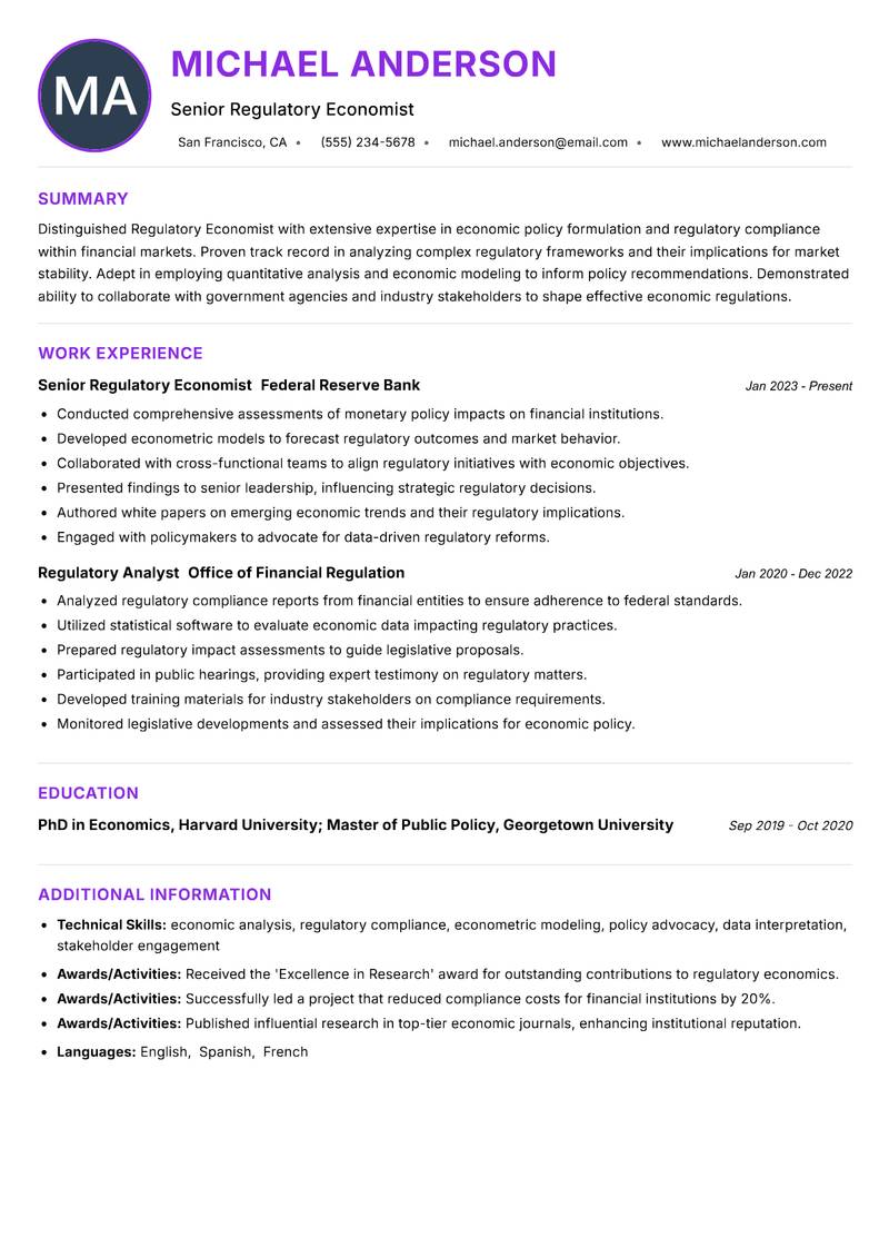 Regulatory Economist Resume Preview Example