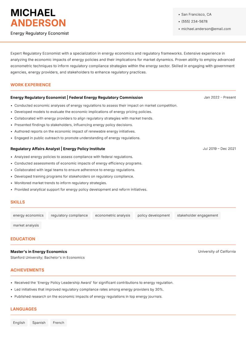 Regulatory Economist Resume Template