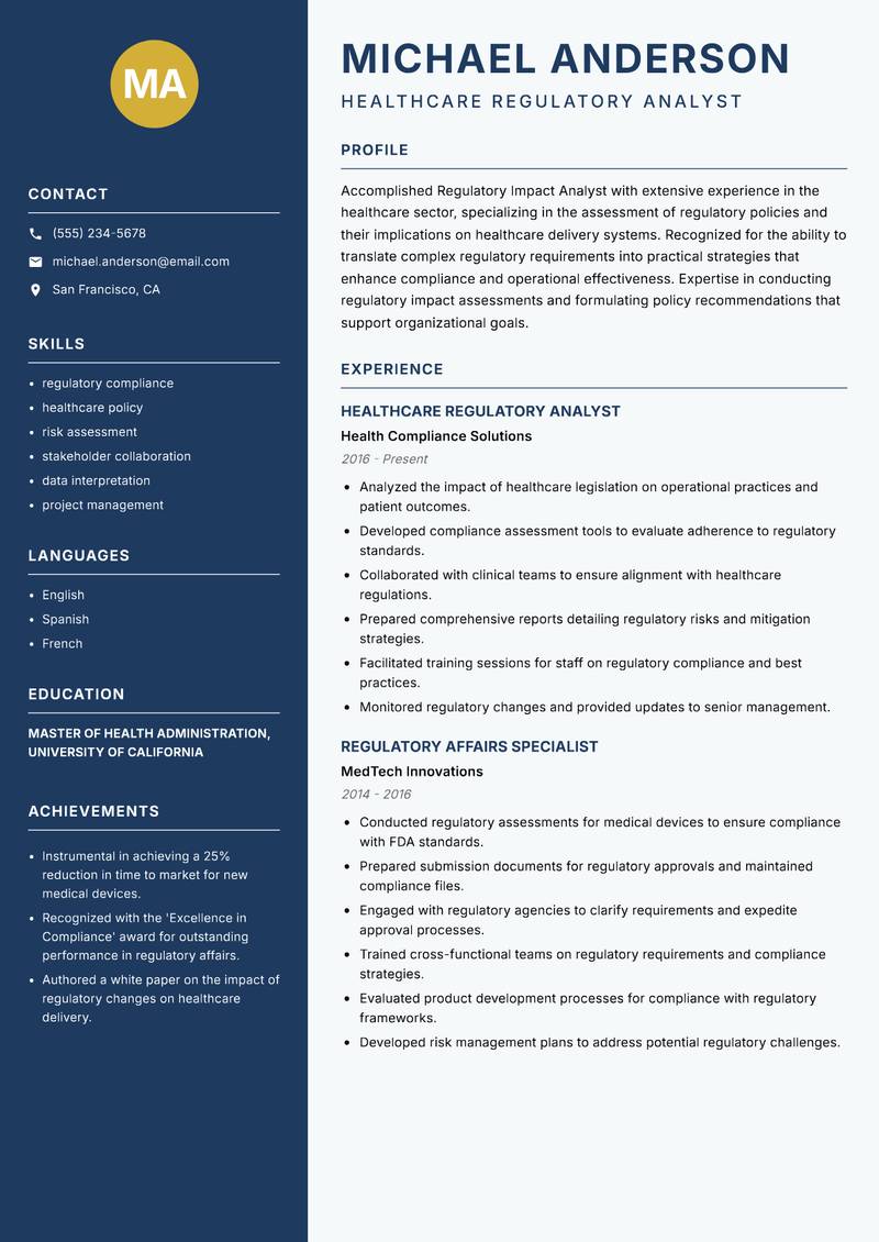 Regulatory Impact Analyst Resume Preview Example
