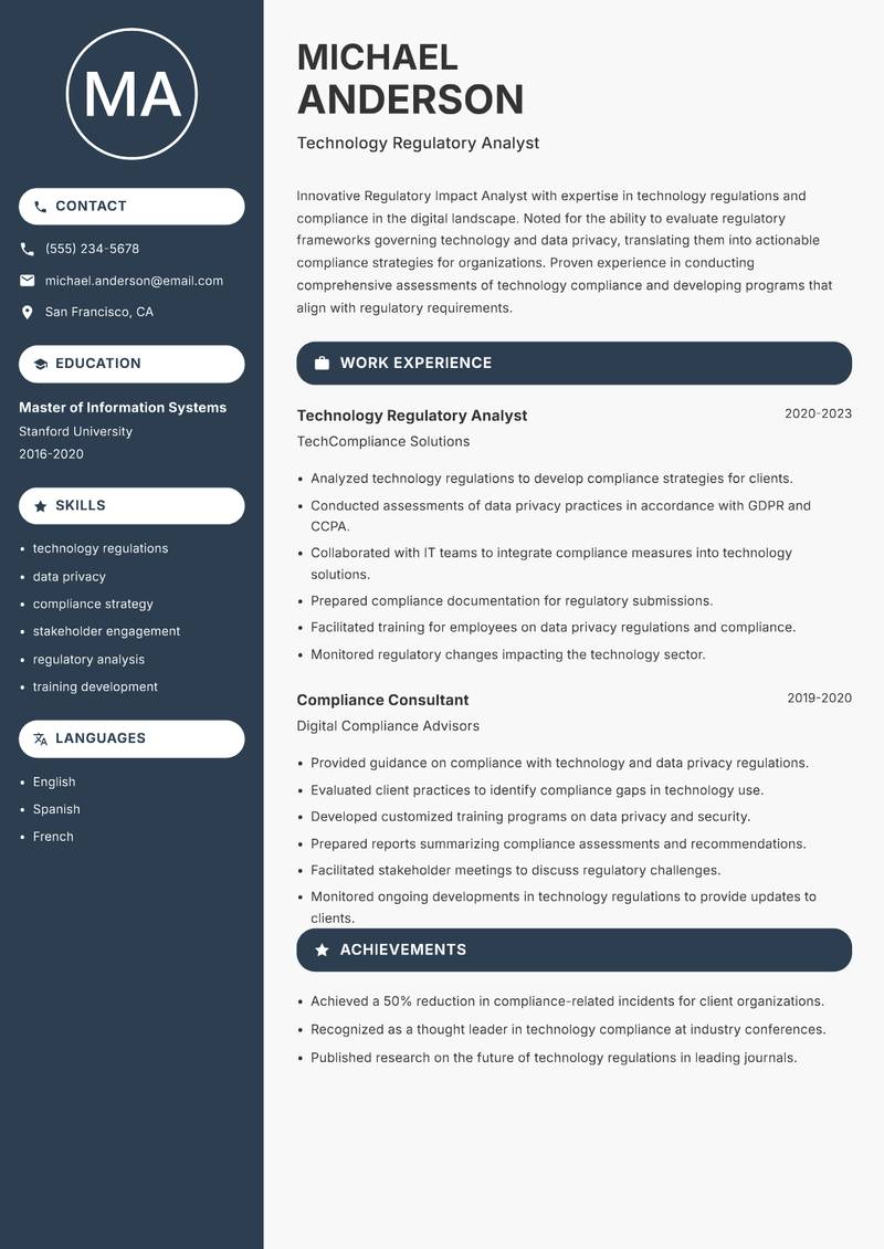 Regulatory Impact Analyst Resume Preview Example