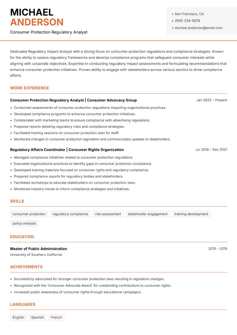 Regulatory Impact Analyst Resume Template