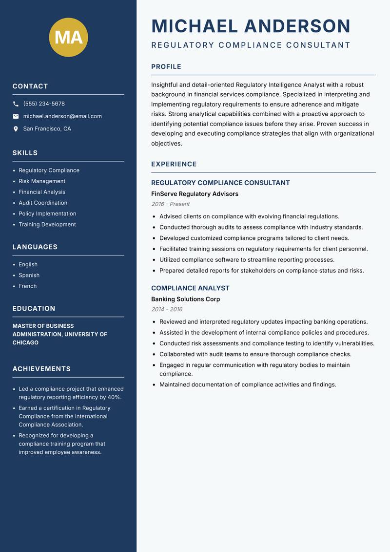 Regulatory Intelligence Analyst Resume Preview Example