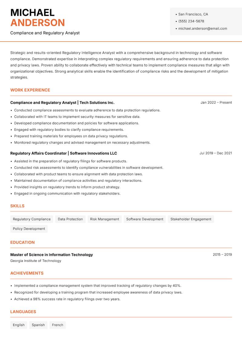Regulatory Intelligence Analyst Resume Template