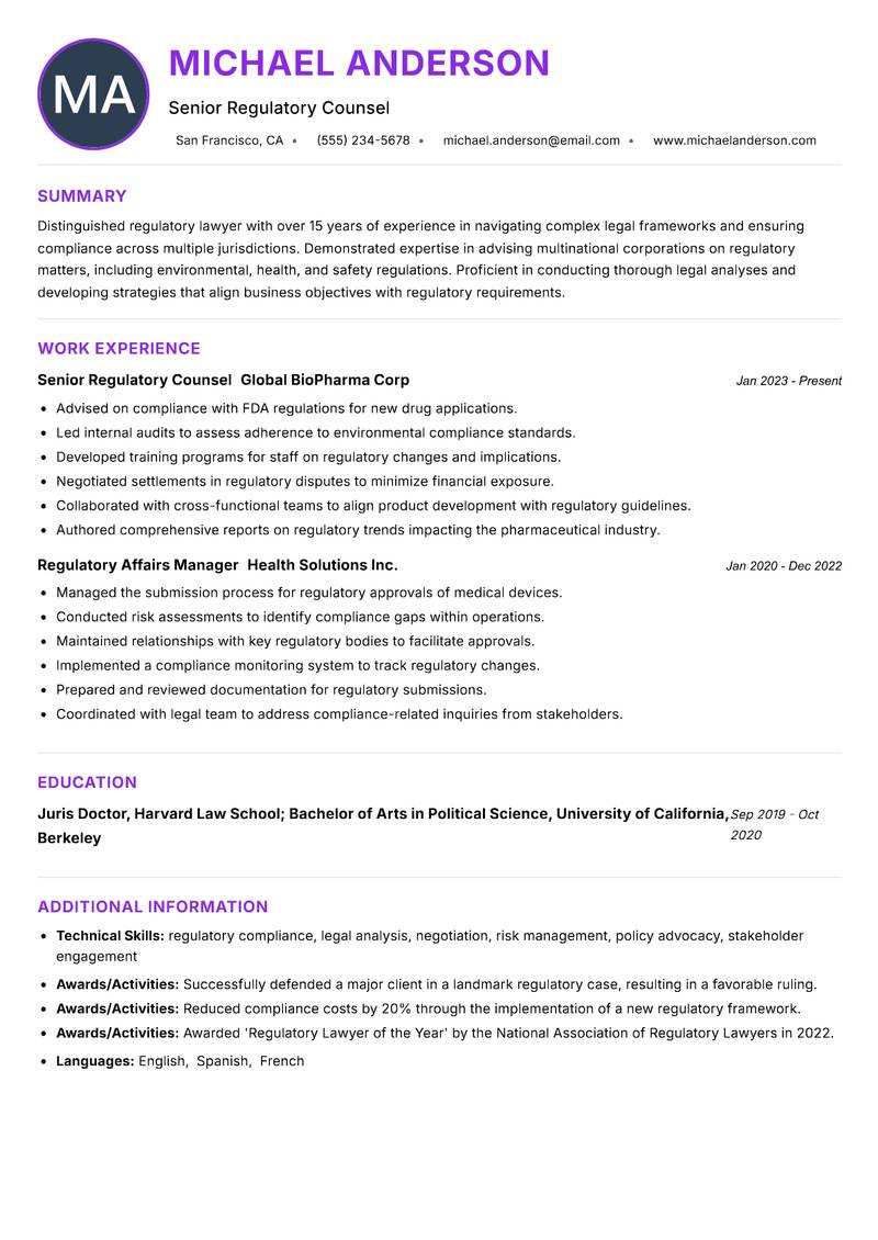 Regulatory Lawyer Resume Preview Example