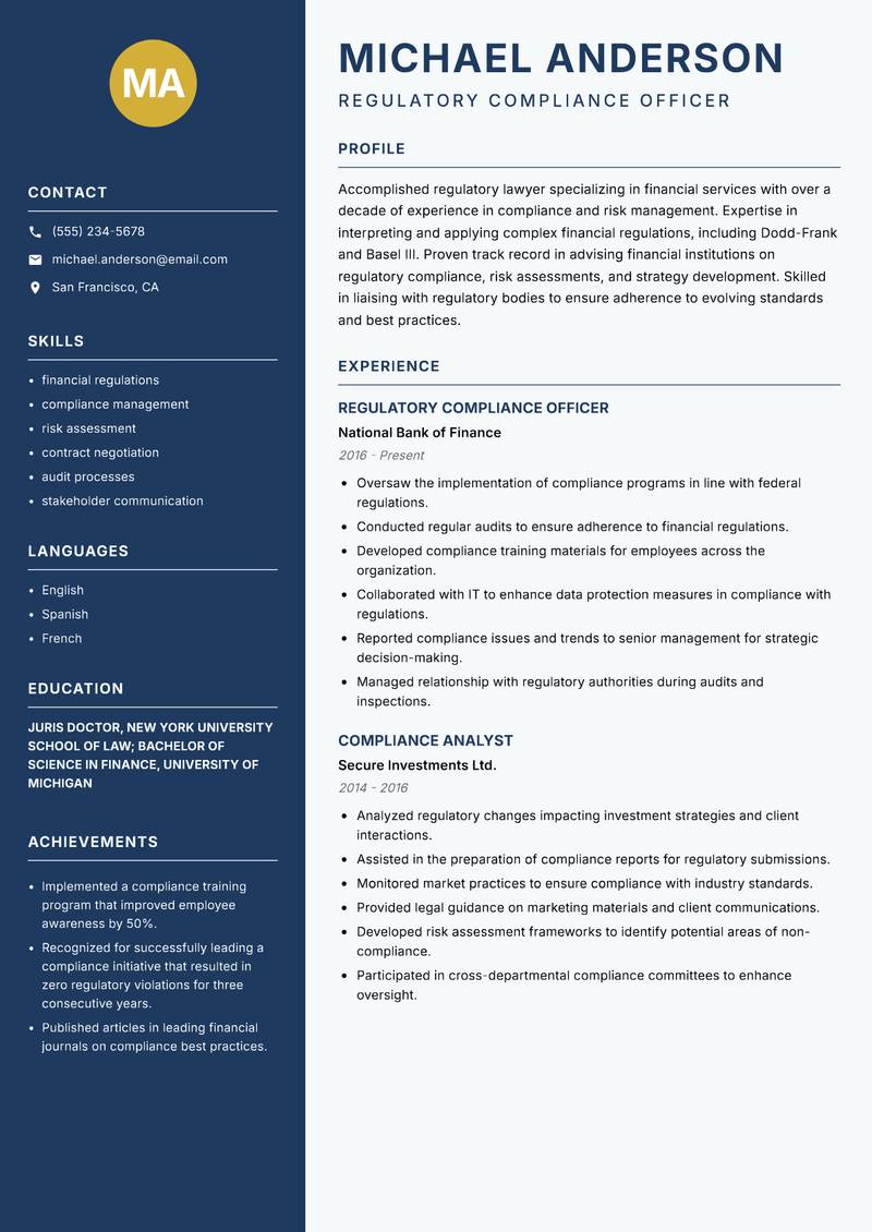 Regulatory Lawyer Resume Preview Example
