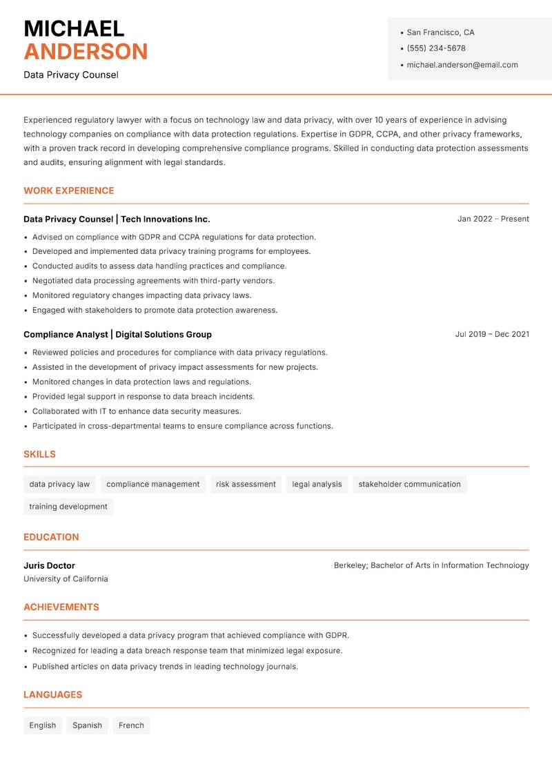 Regulatory Lawyer Resume Template